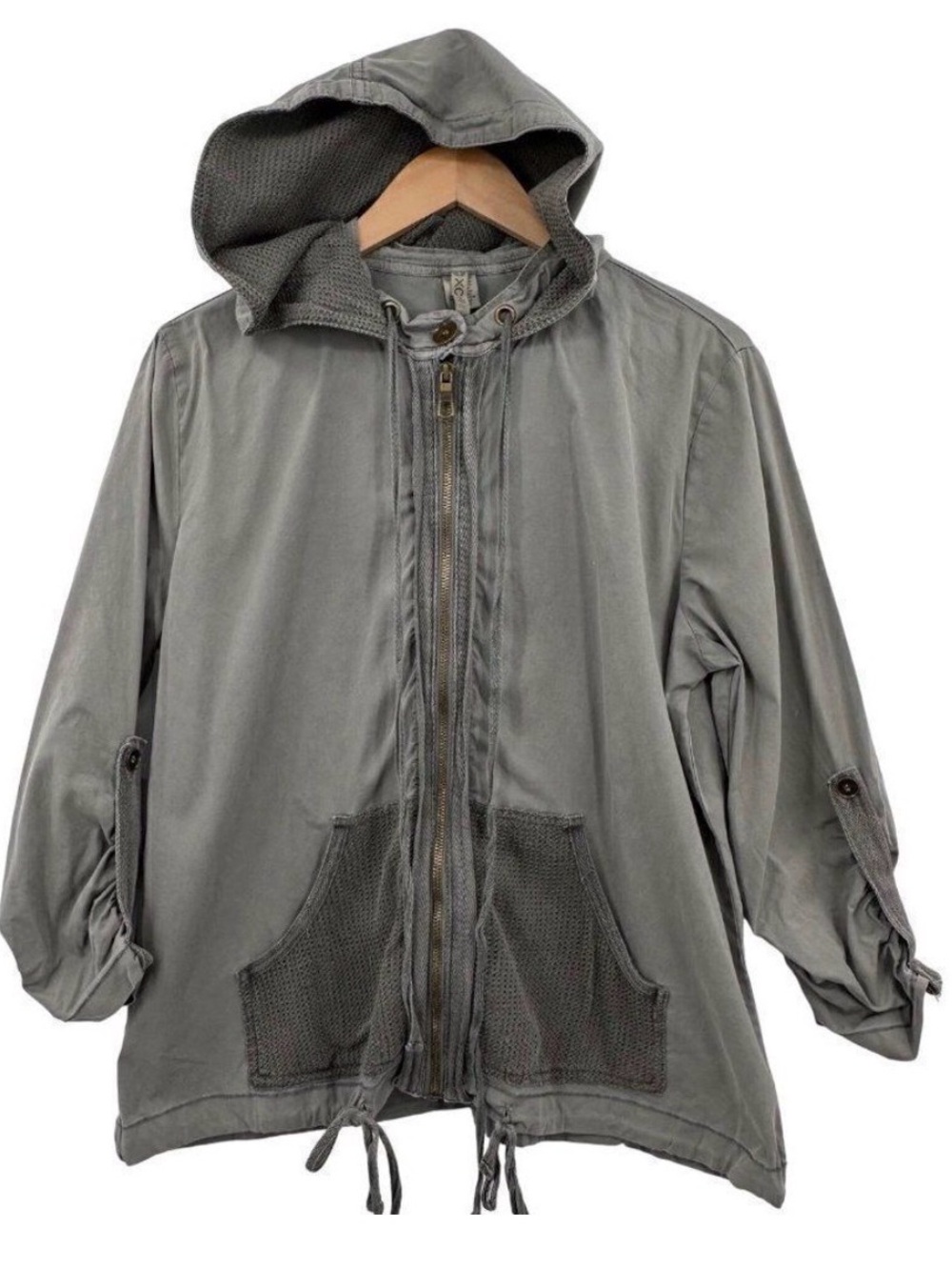 XCVI Soft Gray Utility Windbreaker Jacket Full Zip Longsleeve Hoodie Ruched Mes - Picture 2 of 16